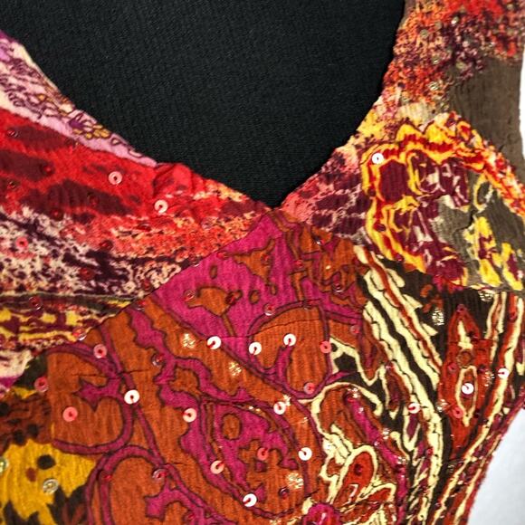Alberto Makali red gold mixed floral print sequin crinkle top size Large - Picture 8 of 16